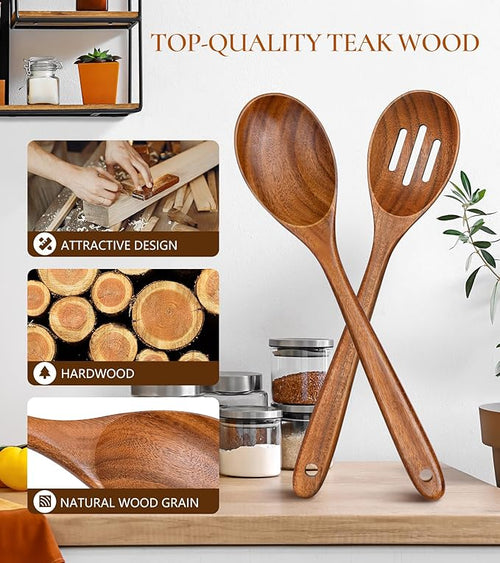 2Pcs Wooden Spoons for Cooking, Natural Premium Teak Wooden Spoon & Slotted - Image 2