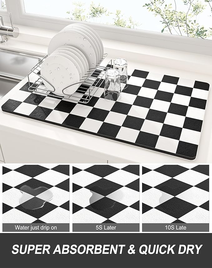 Rnivvi Dish Drying Mat for Kitchen Counter, 12 x 19" Cute Checkered Absorbent - Image 3
