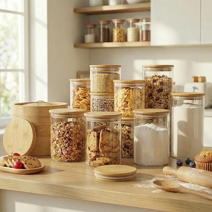 32oz - 4 Pack Glass Jars with Bamboo Lids, Glass Pantry Storage Containers with - Image 2