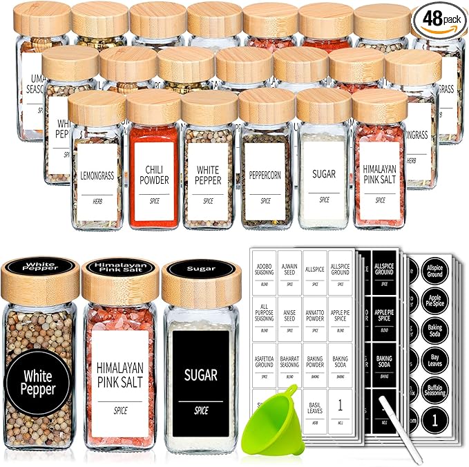 Churboro 48 Spice Jars with Labels- Spice Jars with Bamboo Lids - 4 Oz Glass by Churboro