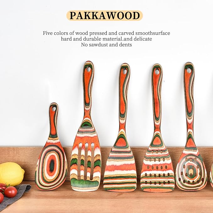 Gudamaye Pakkawood 7-Piece Red Wooden Cooking Utensils, Wooden Spoons - Image 3