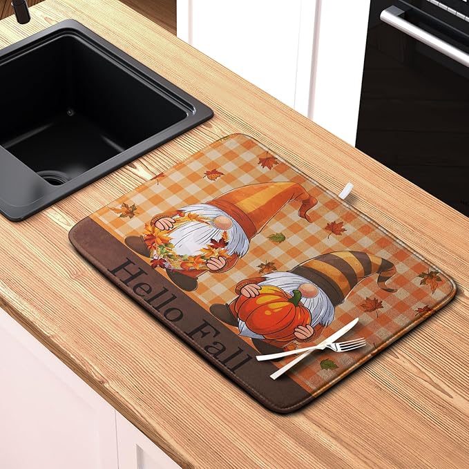 Hello Fall Autumn Gnomes Dish Drying Mat 16x18 Thanksgiving Pumpkin Maple - Image 6