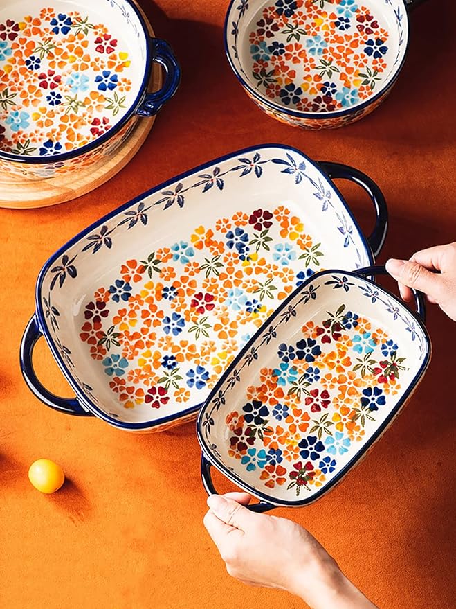 Colorful Cherry Blossom Flowers Vintage Style Ceramic Bakeware Dish Casserole - Image 5