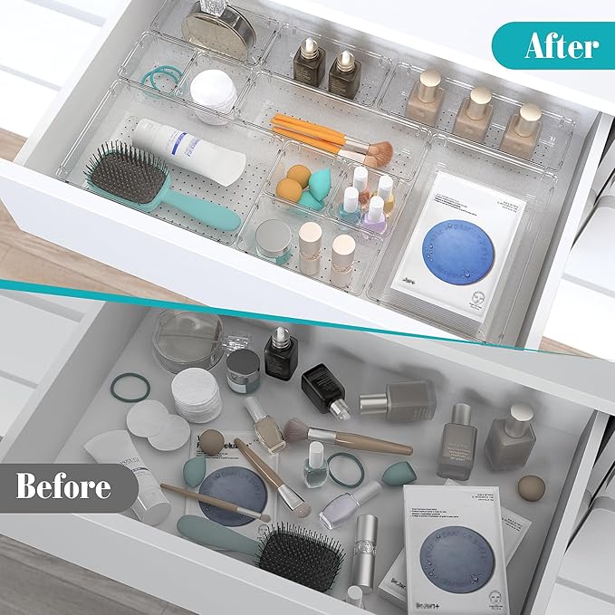 StorMiracle 7 PCS Clear Plastic Drawer Organizers Set, 4 Size Desk Drawer - Image 4