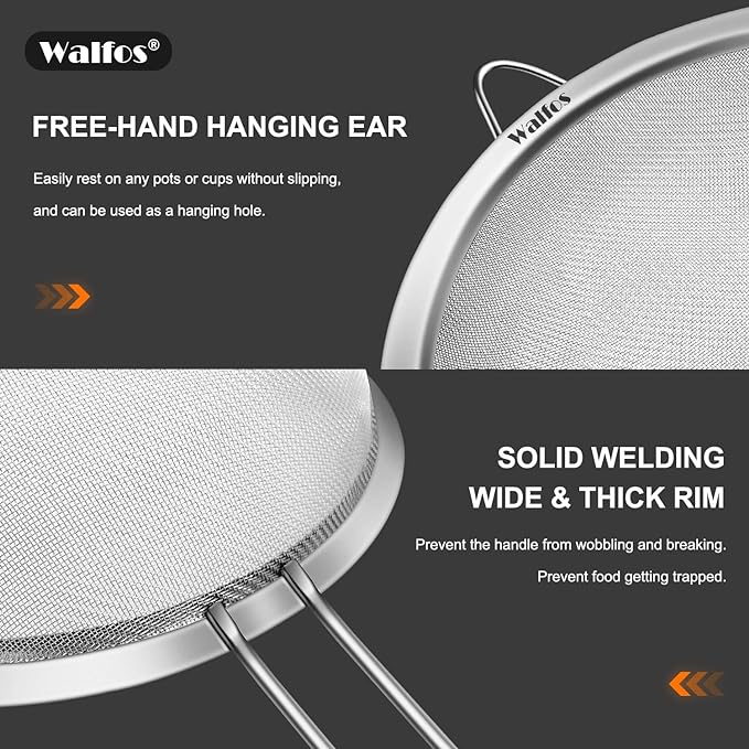 Walfos 6.95 Inch Fine Mesh Strainers, Premium Stainless Steel Colanders and - Image 3