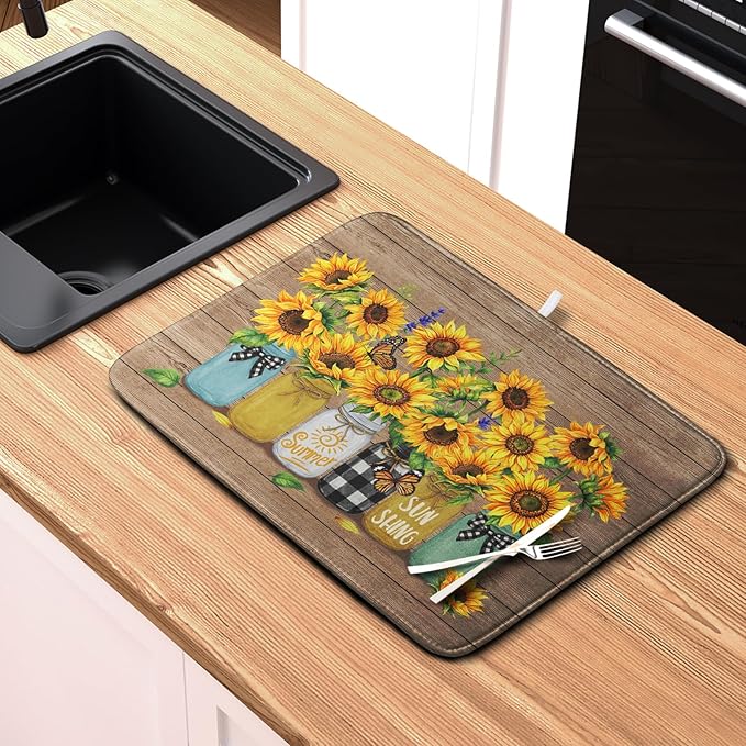 Sunflower Dish Drying Mat for Kitchen 18x24 Inch Counter Rustic Vintage Floral - Image 6