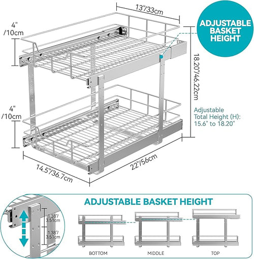 2 Tier Pull Out Cabinet Organizer 14" W X 22" D, Slide Out Drawers - Image 2