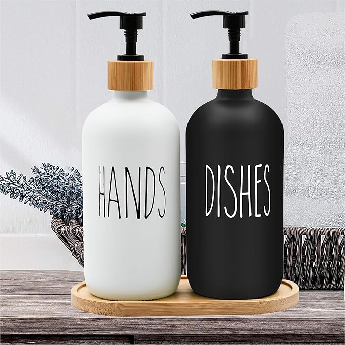 Sunrise Premium 16 OZ Thick White & Black Glass Soap Dispenser, Bamboo Pump - Image 5
