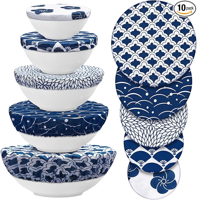 Patelai 10 Pcs Bowl Covers Reusable in 5 Size Stretch Cloth Fabric Elastic Food by Patelai
