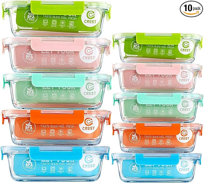 C CREST [10-Pack Glass Food Storage Containers, Meal Prep Containers by CCREST