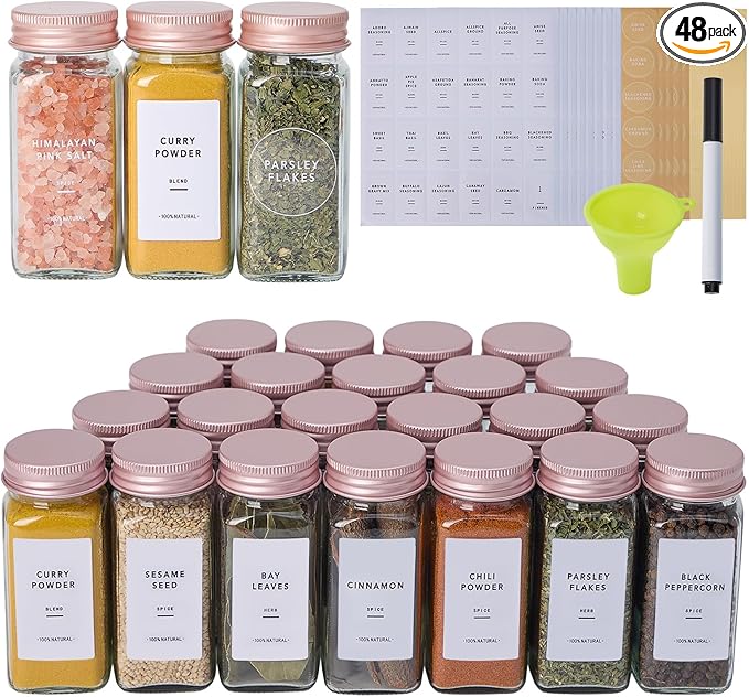 48 Pcs Glass Spice Jars with Labels and Pink Metal Caps, 4oz Empty Spice by Fiwence
