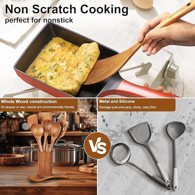 Wooden Utensil Set, WOTTISH 7Pcs Nonstick Wood Spatula, Wooden Kitchen Utensils - Image 9