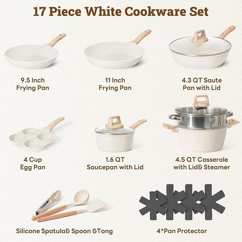17 Pcs Pots and Pans Set Non stick，Cookware Sets White Granite Induction - Image 2