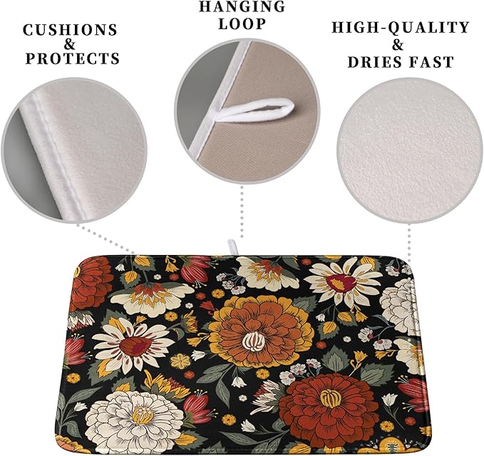 Vintage Floral Dish Drying Mat for Kitchen Counter Retro Sunflower Floral - Image 3