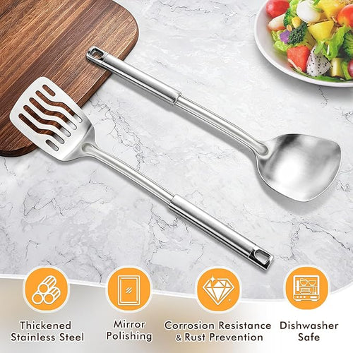 2 Pcs Stainless Steel Spatulas Set, Metal Spatula Solid & Slotted Turner - Image 2