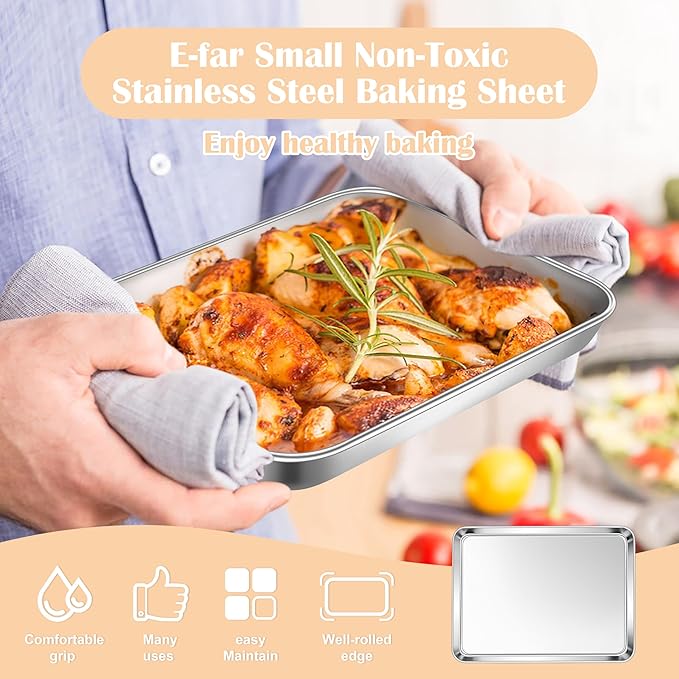 E-far 4 Pack Toaster Oven Trays, 9.4”x7.3” Stainless Steel Small Baking Cookie - Image 4