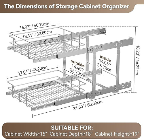 2 Tier Pull Out Cabinet Organizer 15" W X 17" D, Slide Out Drawers - Image 2