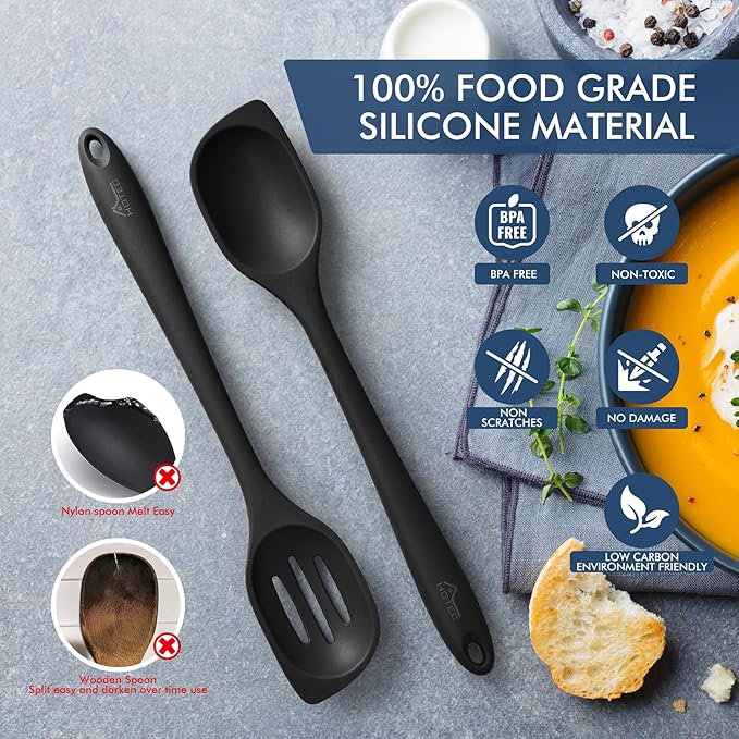 HOTEC Heat Resistant Silicone Cooking Spoon Spatula, Large Kitchen Solid and - Image 3