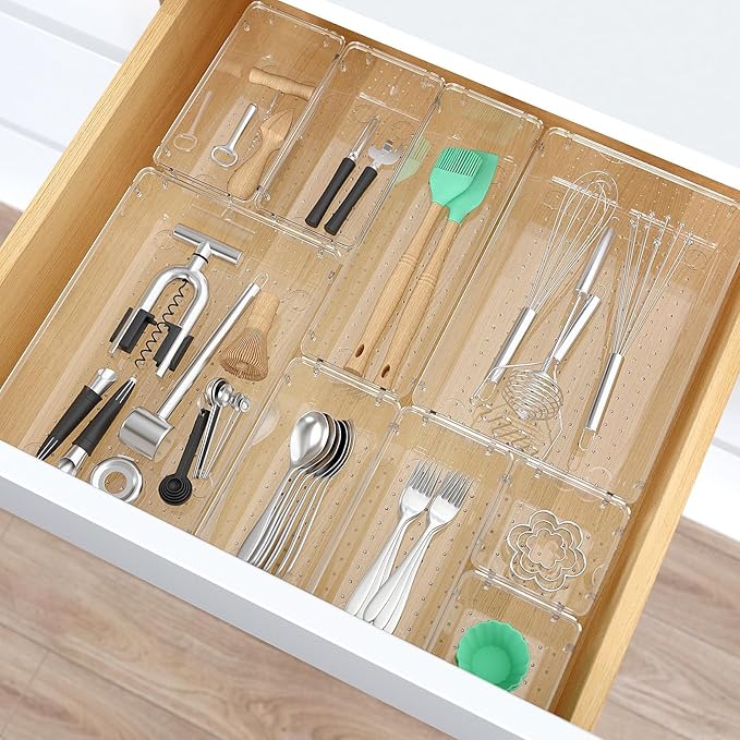 StorMiracle 7 PCS Clear Plastic Drawer Organizers Set, 4 Size Desk Drawer - Image 6