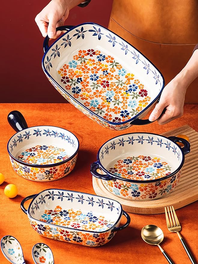 Colorful Cherry Blossom Flowers Vintage Style Ceramic Bakeware Dish Casserole - Image 4