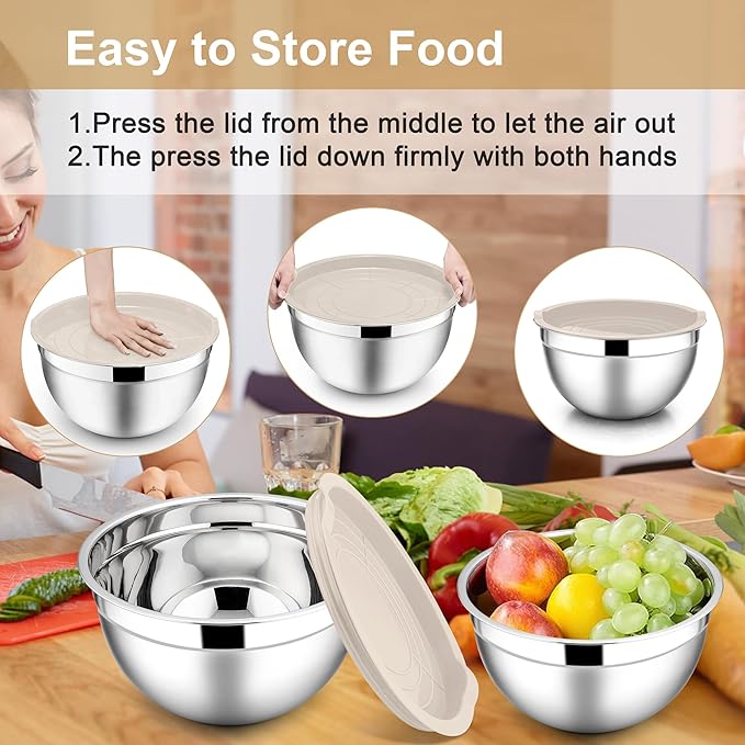 E-far Mixing Bowls with Lids, 6-Piece Stainless Steel Salad Bowls Metal Nesting - Image 7