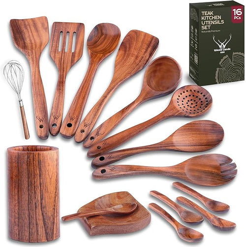 16 Pcs Teak Wooden Cooking Utensils Set – Premium Teak Wooden Utensil Set by WOODLANDSUSA