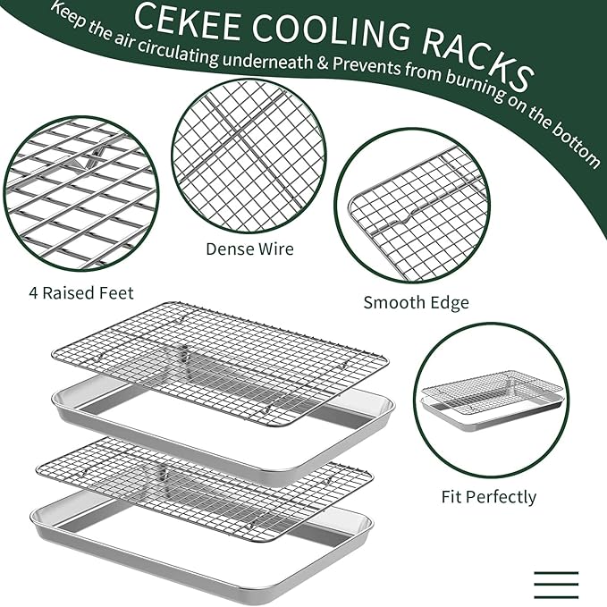 Quarter Sheet Pan with Cooling Rack Set, CEKEE Stainless Steel Cookie Sheets - Image 4