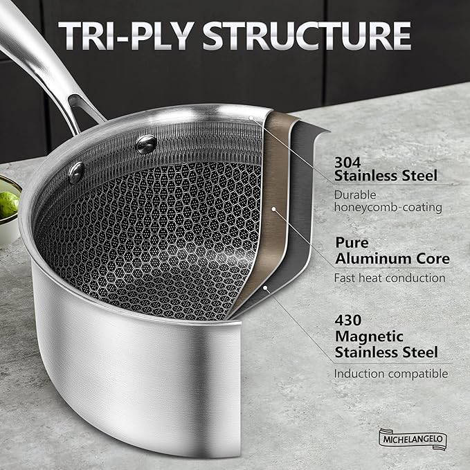 MICHELANGELO Triply Stainless Steel Pot Set, Hybrid Nonstick Saucepan Set - Image 4