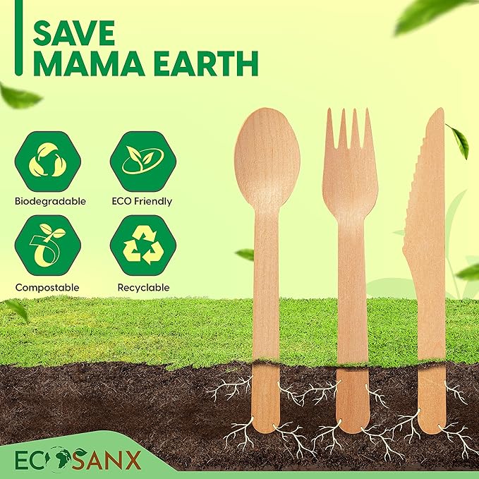 ECOSANX® 120 PCs Disposable Wooden Cutlery set 6.5" Splinter Free Compostable - Image 6