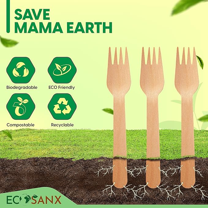 ECOSANX® 300 PCs Wooden forks for eating 6.5" Splinter Free Compostable Forks - Image 7